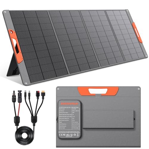 Sokiovola solar panels - 400W foldable solar panel shown from front and back angles with included cable accessories on white 