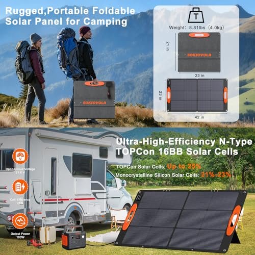 Sokiovola solar panels - 100W foldable solar panel dimensions shown folded and unfolded at 8.81 pounds with measurements 21x2