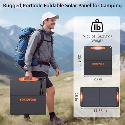 Sokiovola solar panels - Man in outdoor jacket setting up foldable 110W solar panel on green grass near tent with mountain la